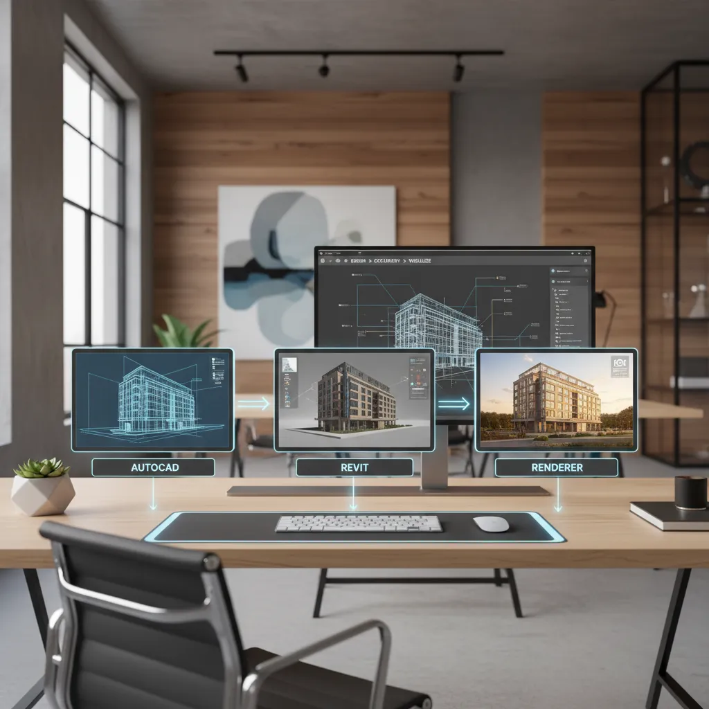 visual workflow showing AutoCAD modeling connected to rendering software