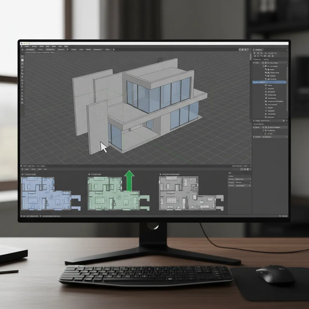 Proceso de levantar muros en un modelo 3D de una vivienda