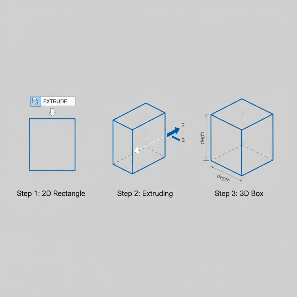 step by step extrude workflow turning 2D rectangle into 3D box in AutoCAD