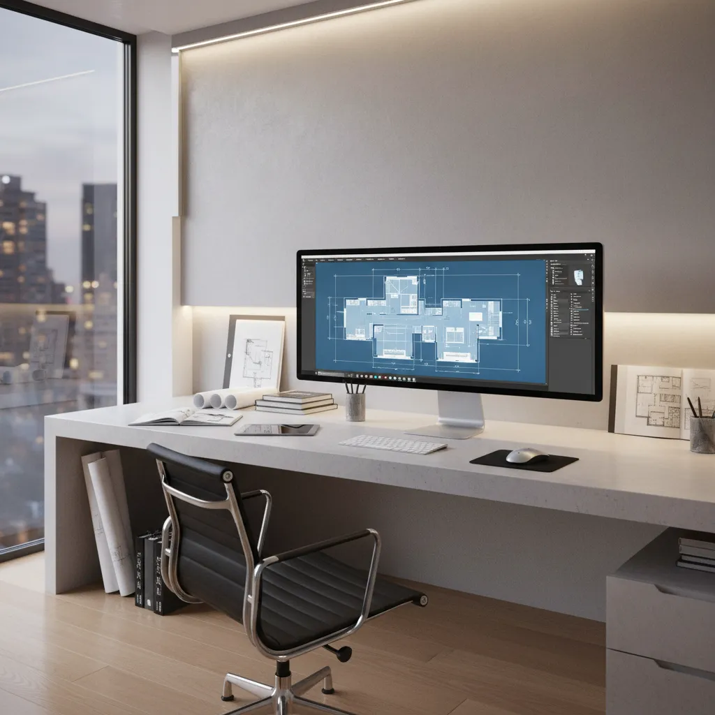 Interior design drawing of modern office with white desk computer monitor black chair and windows