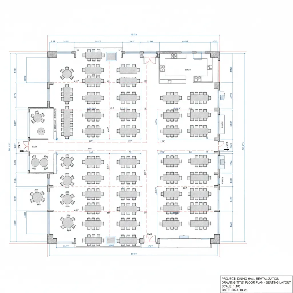 AutoCAD floor plan showing dimension lines and annotations for a dining hall layout