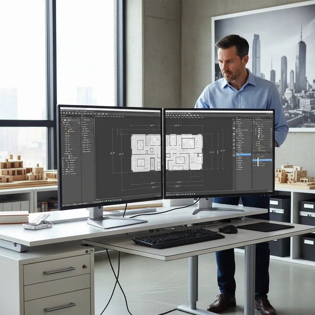 Architect verifying wall dimensions in AutoCAD floor plan drawing