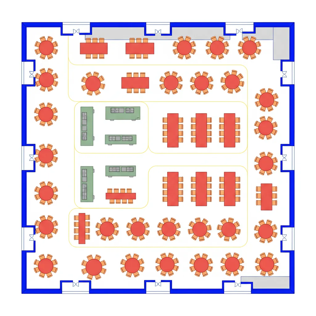AutoCAD dining hall floor plan with color coded layers for walls tables and chairs