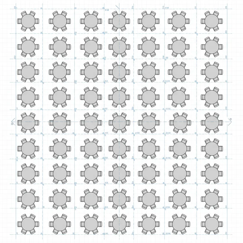 Dining table and chair block symbols arranged in AutoCAD floor plan layout