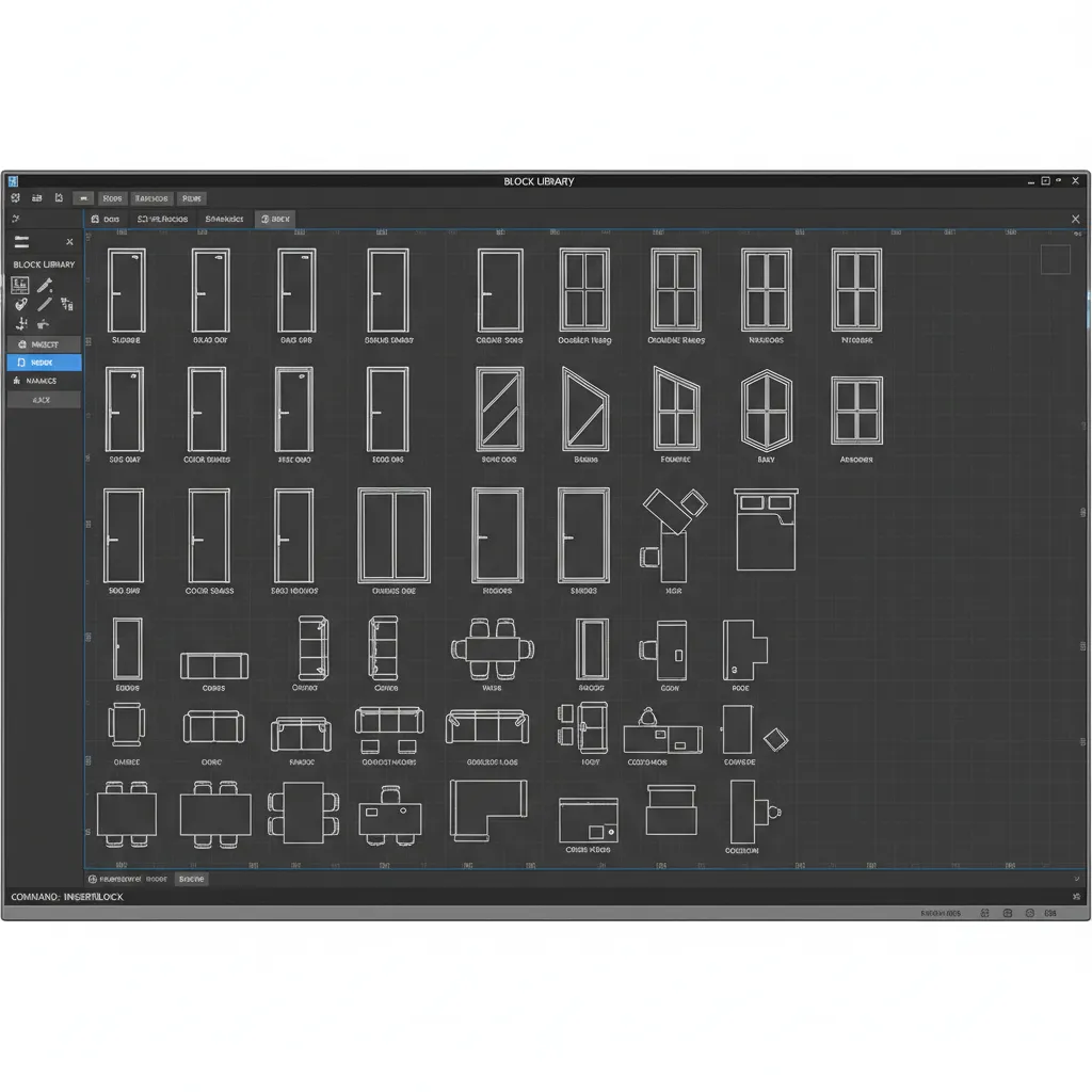 AutoCAD block library showing multiple door and window symbols for architectural plans