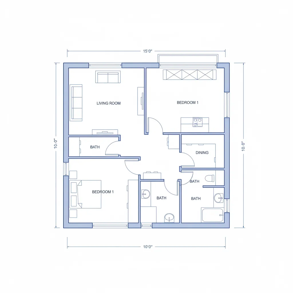 Plano de casa en AutoCAD con puertas y ventanas colocadas