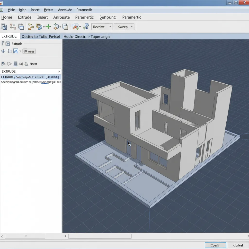 AutoCAD extrude command turning floor plan walls into 3D geometry
