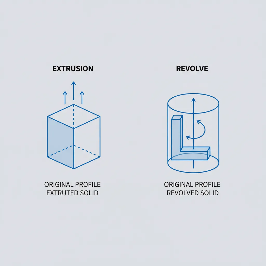 diagram showing extrude and revolve commands creating 3D shapes in AutoCAD