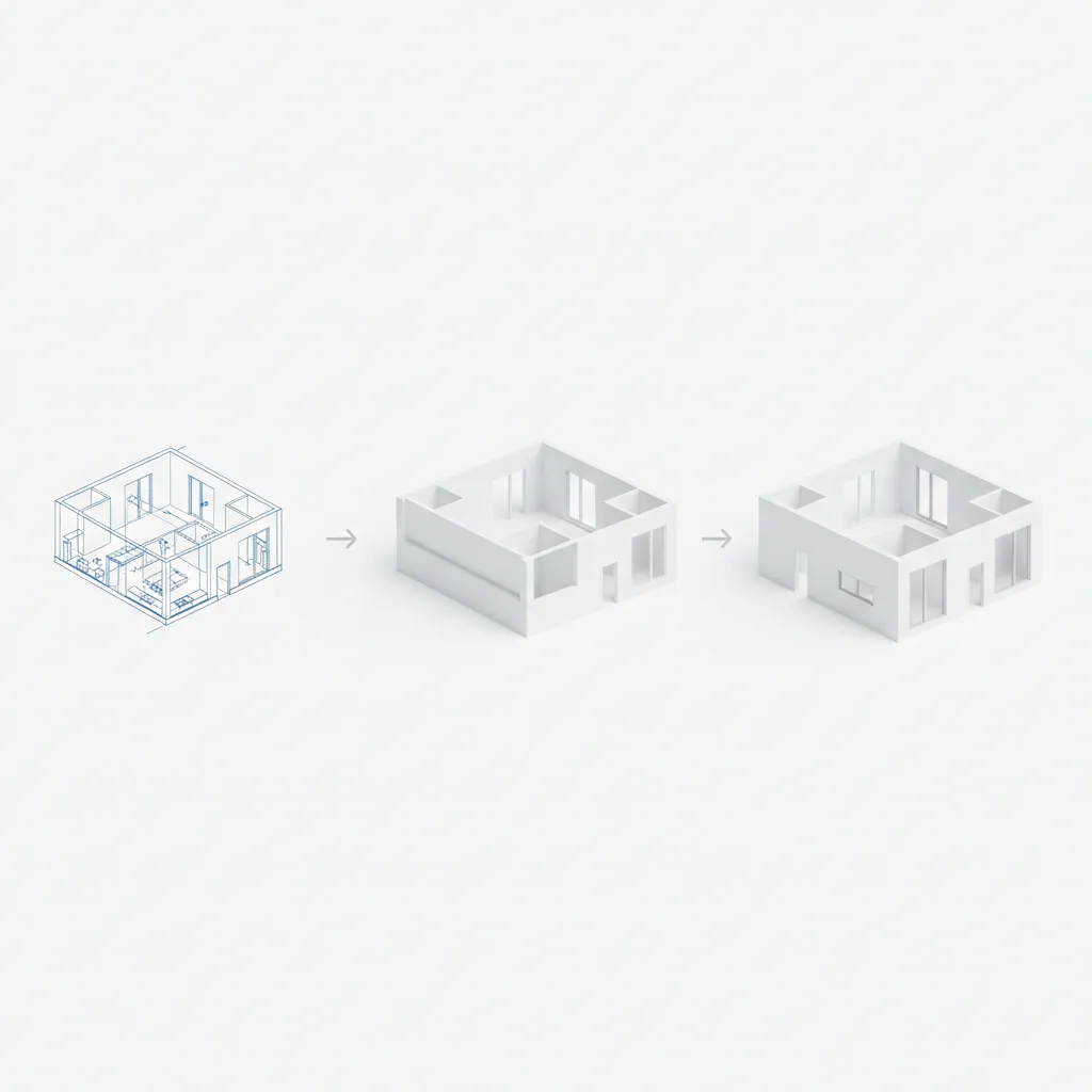 AutoCAD workflow showing walls extruded from a 2D floor plan