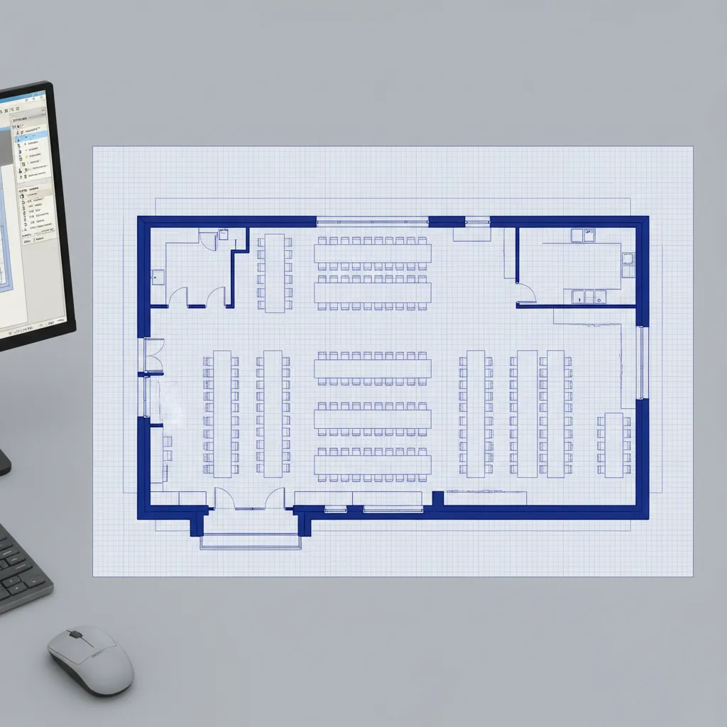 AutoCAD interface showing dining hall floor plan lines and drafting commands