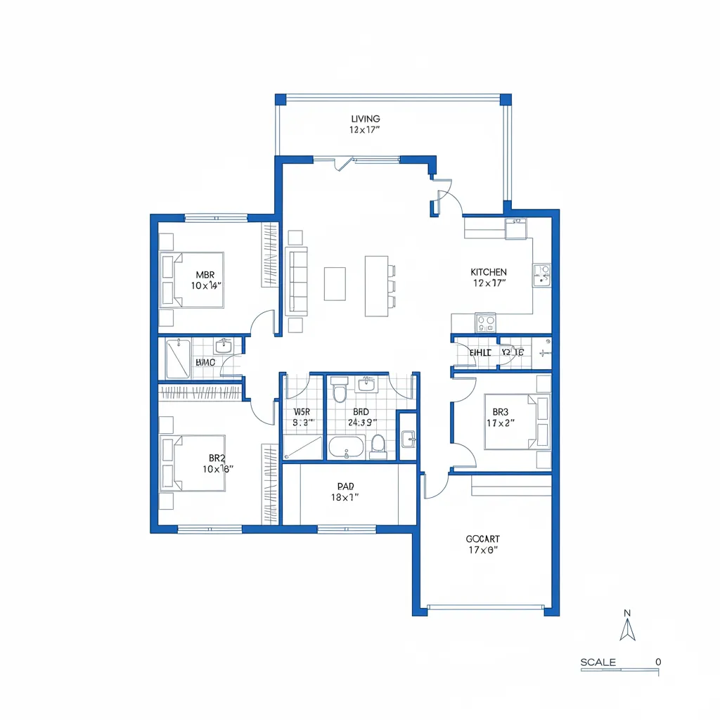 Plano arquitectónico de vivienda dibujado en estilo CAD con medidas y distribución