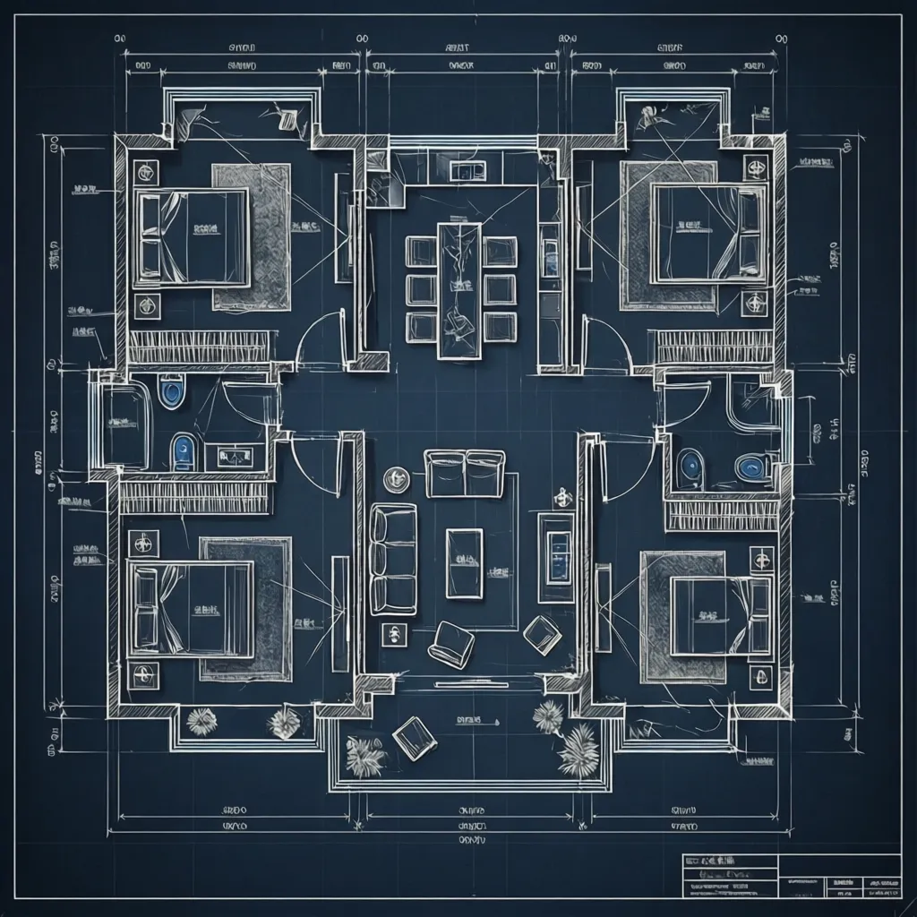 Plano de planta detallado de una casa moderna en estilo técnico