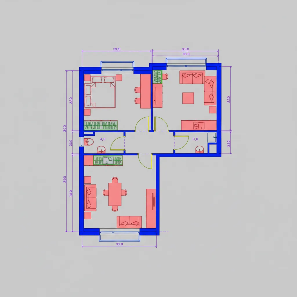 AutoCAD floor plan with highlighted architectural layers and drafting organization