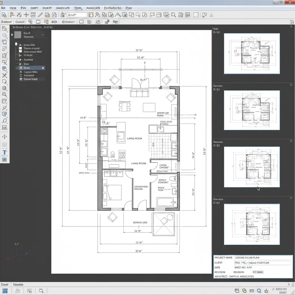 Standardized AutoCAD floor plan template with title block and annotations
