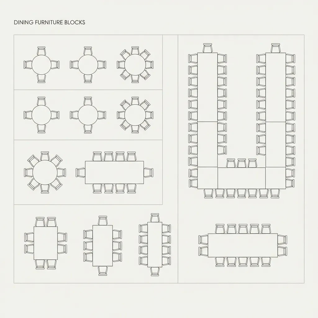 organized AutoCAD furniture block library showing dining tables and chairs