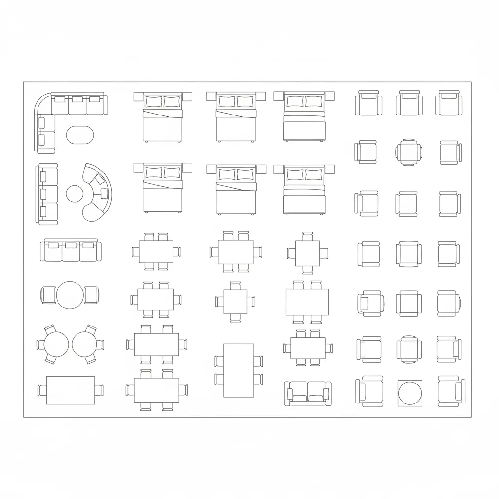 Collection of various furniture symbols including beds sofas tables and chairs for interior design drawing