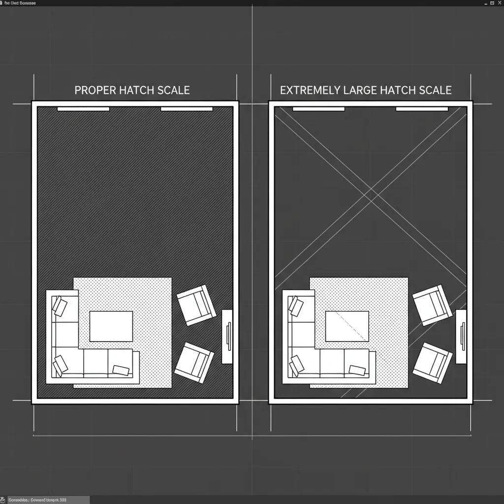 Comparison of correct hatch scale versus oversized hatch scale in AutoCAD