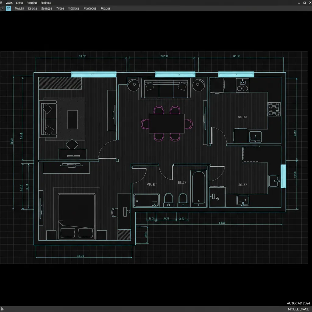 Plano técnico de distribución interior dibujado en AutoCAD
