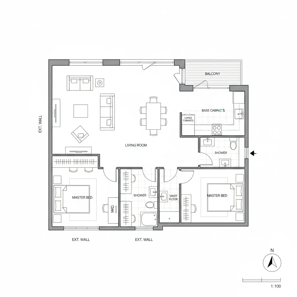 Technical interior floor plan drawing with dimensions similar to AutoCAD drafting