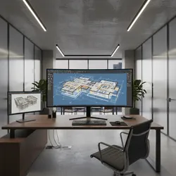Large computer screen showing a 3D interior design drawing on a wooden desk in office