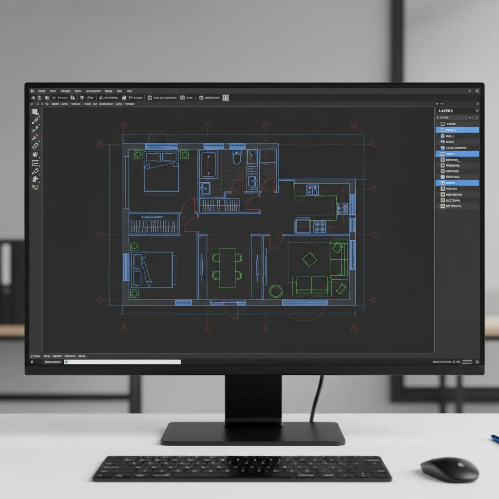 AutoCAD floor plan with color-coded layers for walls doors windows and furniture
