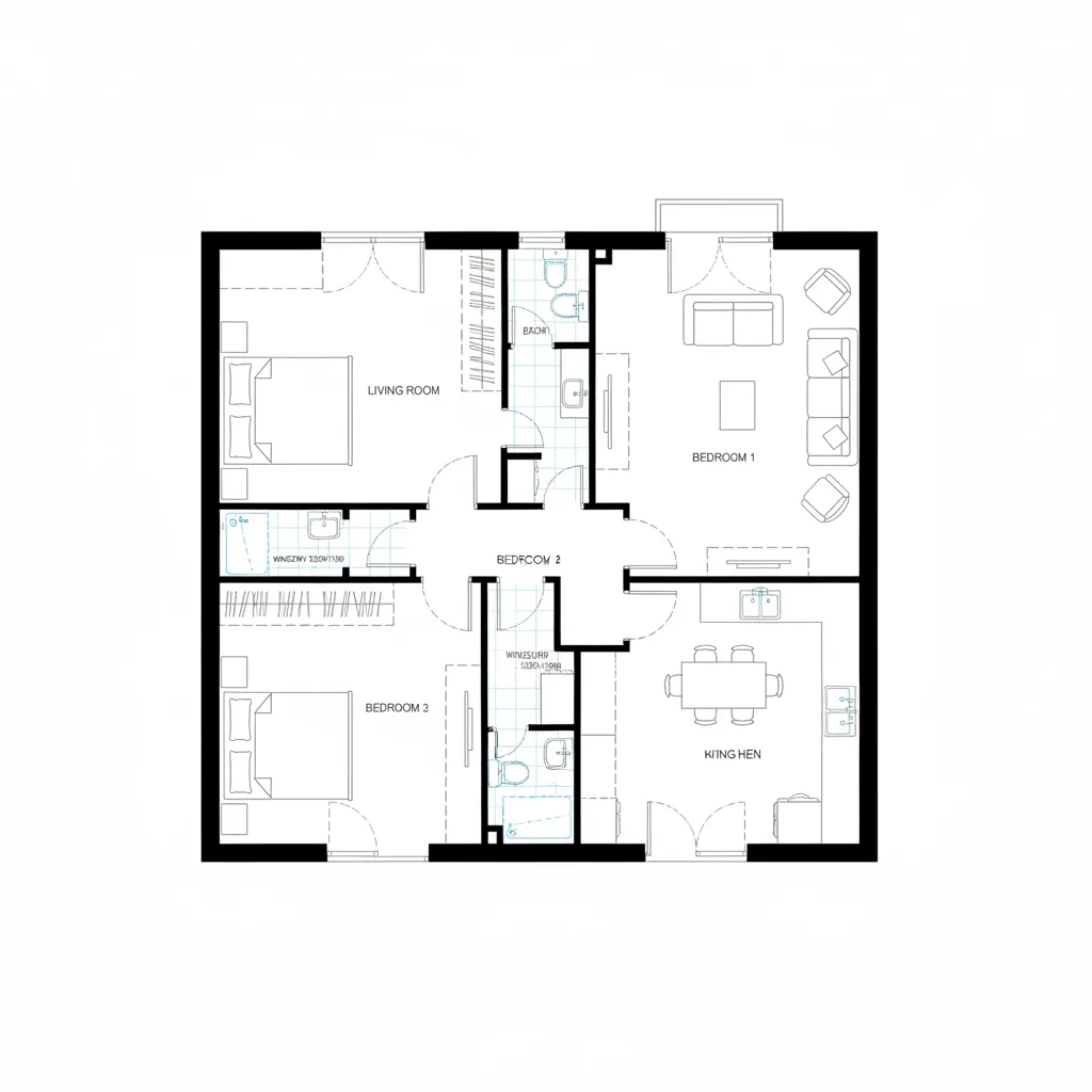 Example architectural floor plan demonstrating layers and reusable blocks for doors and furniture