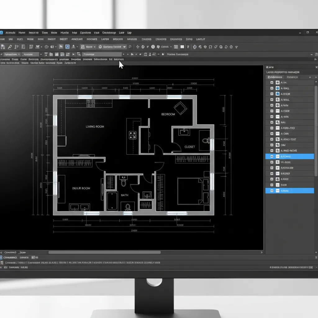 Interfaz de AutoCAD mostrando capas en un plano de interiorismo