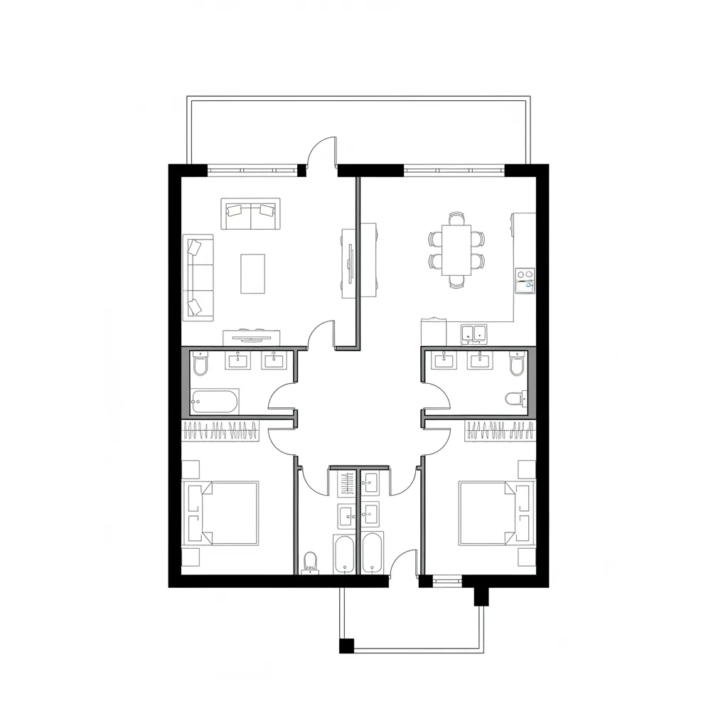 Clean 2D house floor plan with black walls showing living room kitchen bedrooms and bathrooms