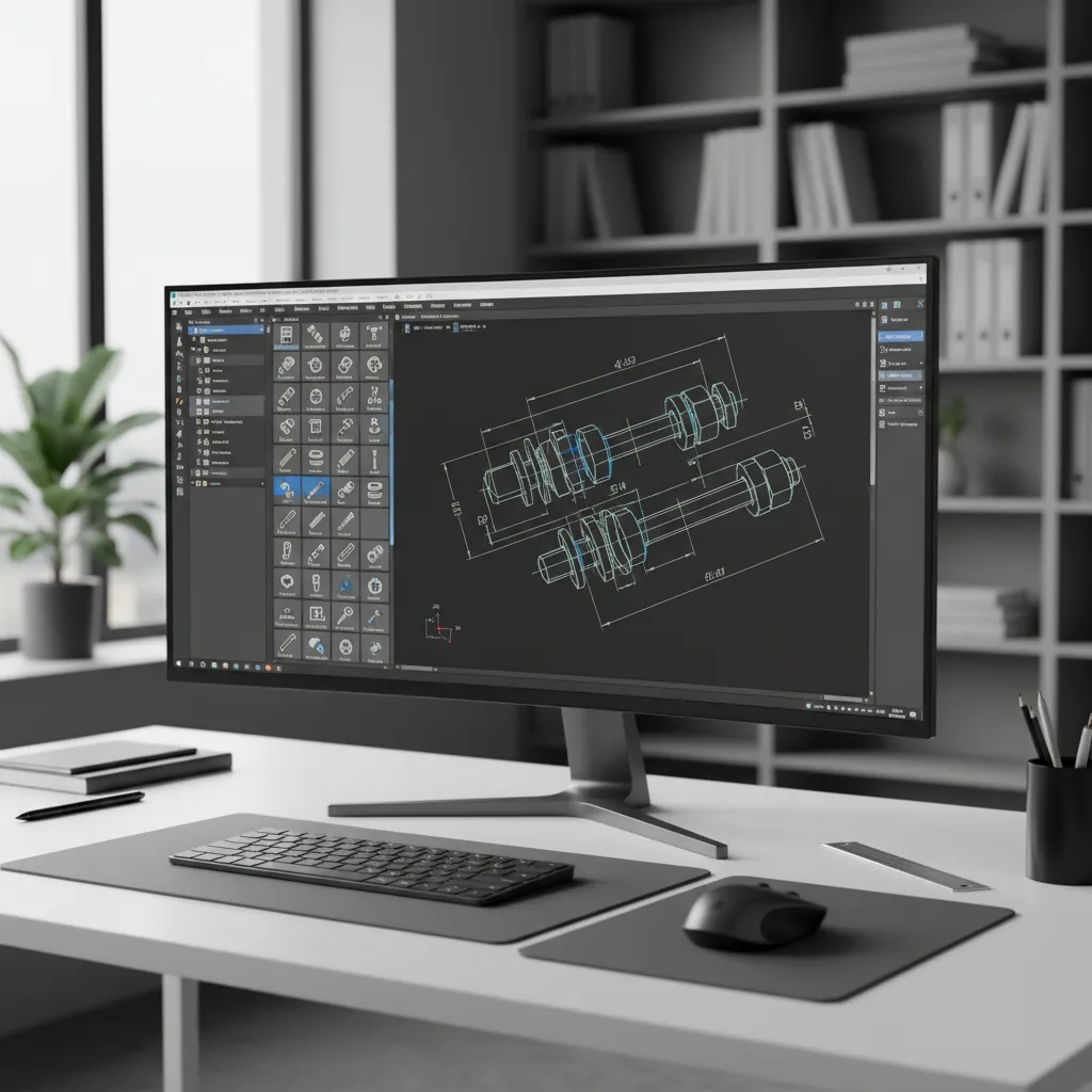 AutoCAD Mechanical workspace with mechanical parts library and bolts