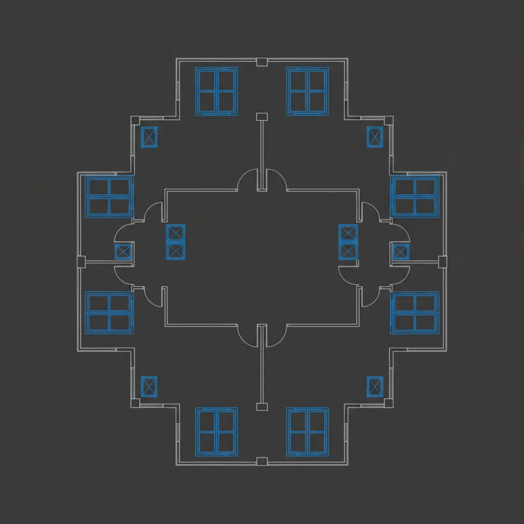 AutoCAD architectural model showing repeated doors and windows using block components