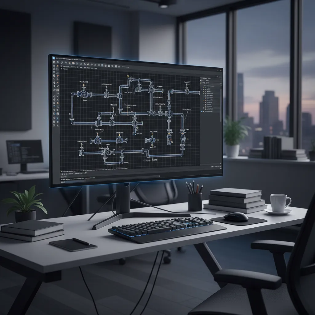 AutoCAD P&ID software interface showing piping diagram with valves and instruments