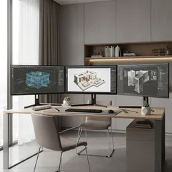 Three computer monitors displaying different interior design drawing views on a large wooden home desk