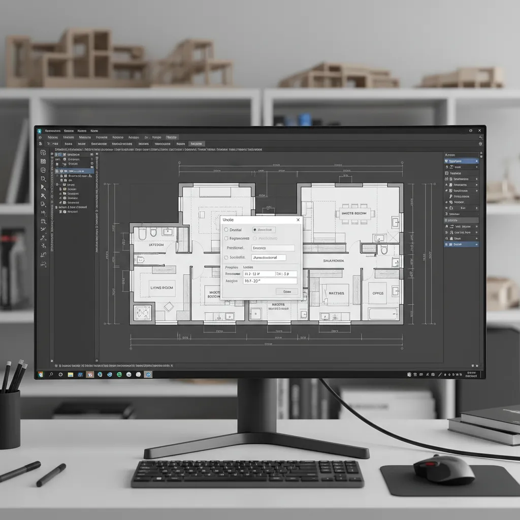 AutoCAD units settings window with architectural floor plan behind it