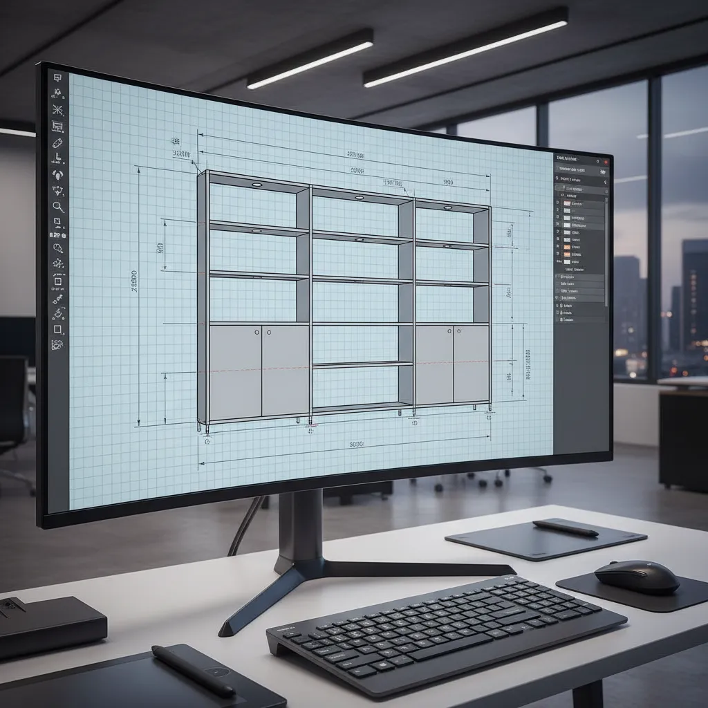 Detailed AutoCAD shelving drafting layout with dimensions
