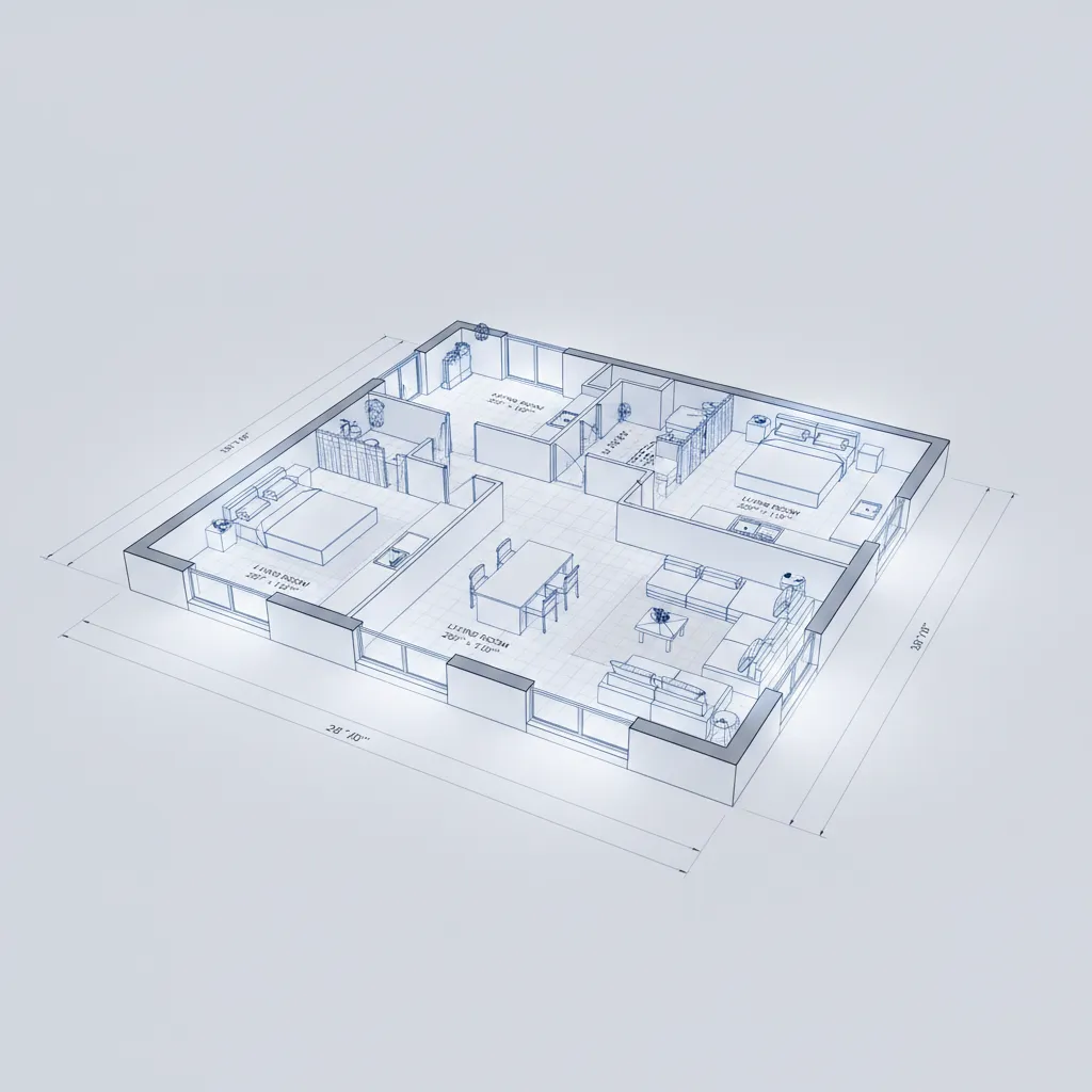technical 3D floor plan model with precise architectural lines similar to AutoCAD drafting