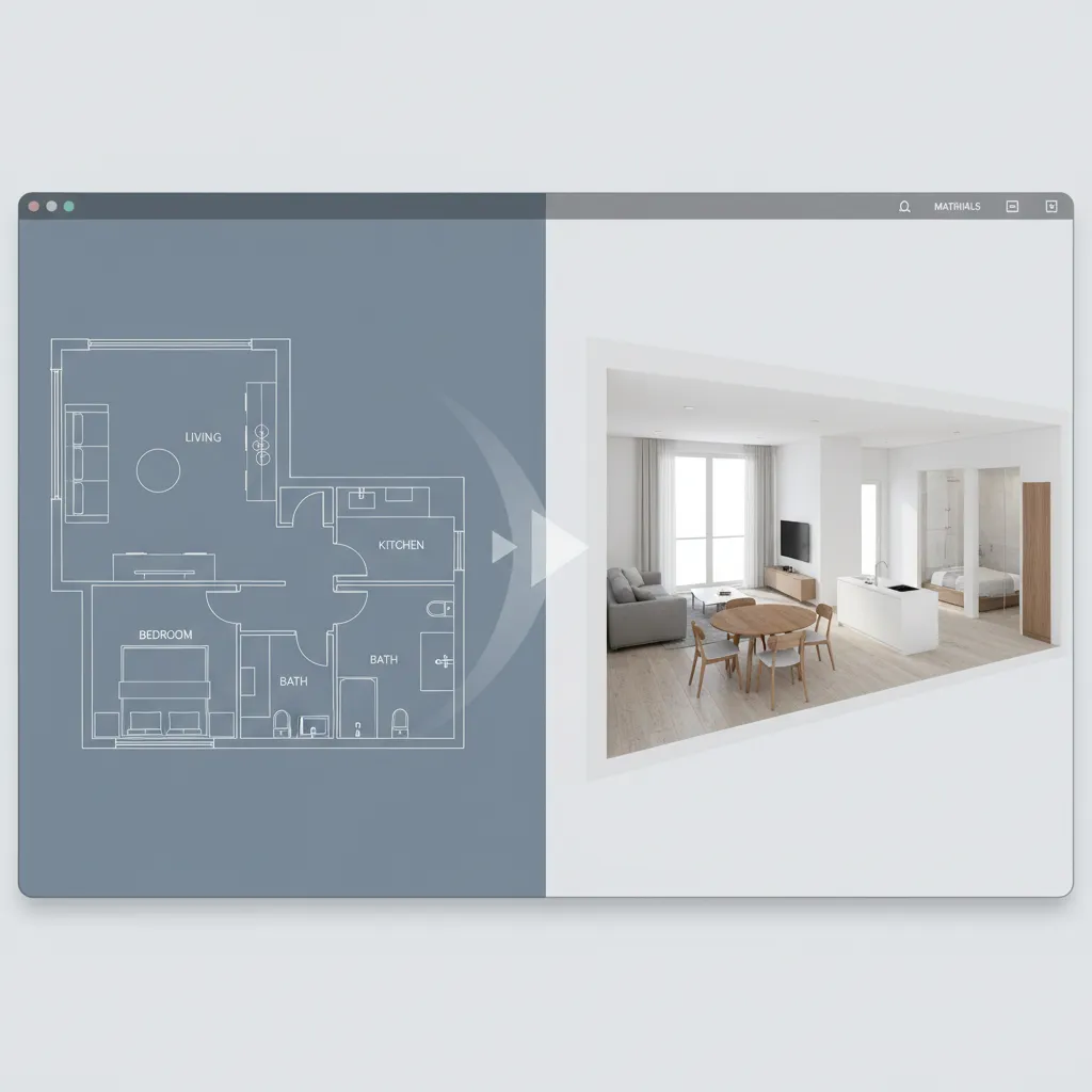 Software automatically converting a floor plan into a 3D interior layout