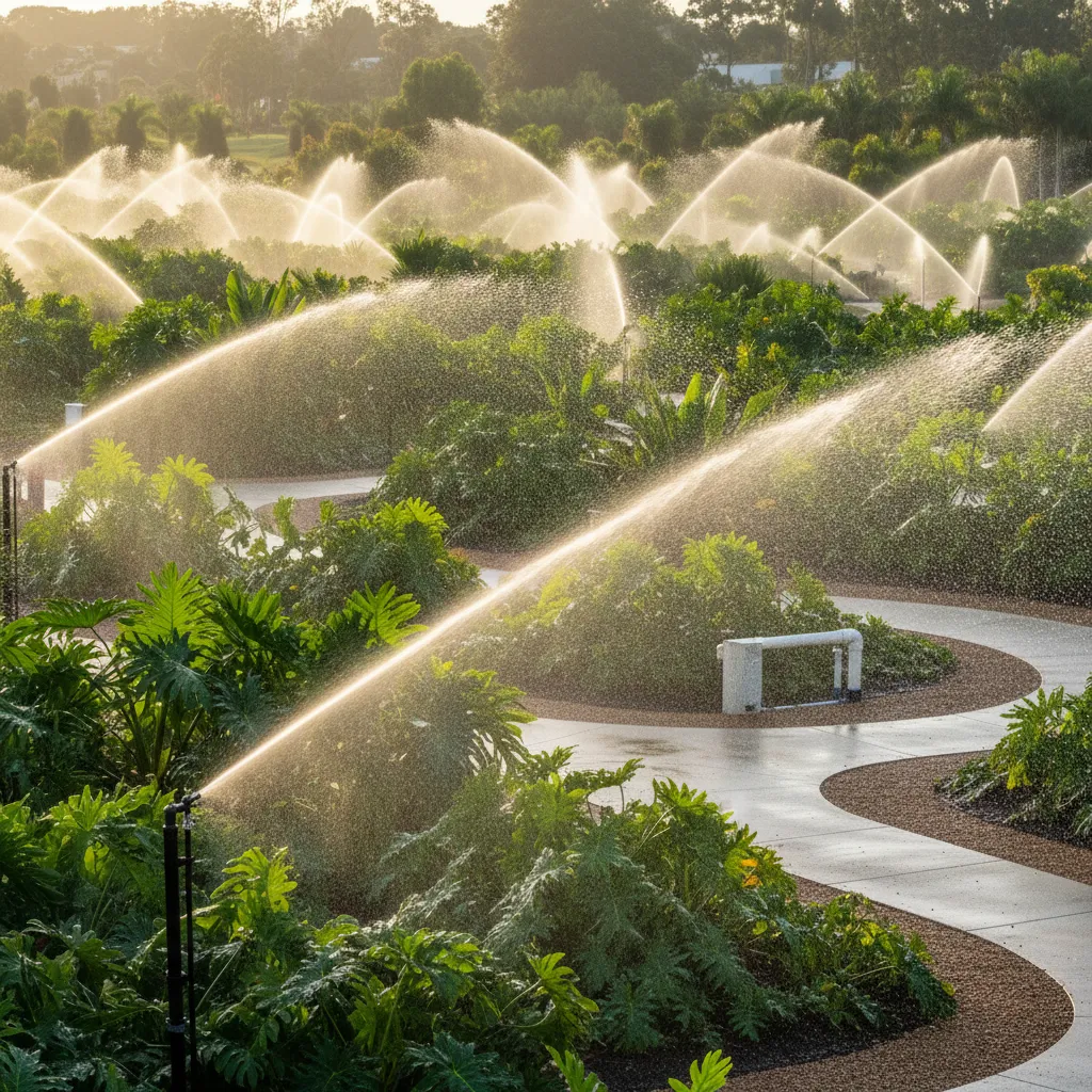 Automated irrigation system watering landscaped park gardens