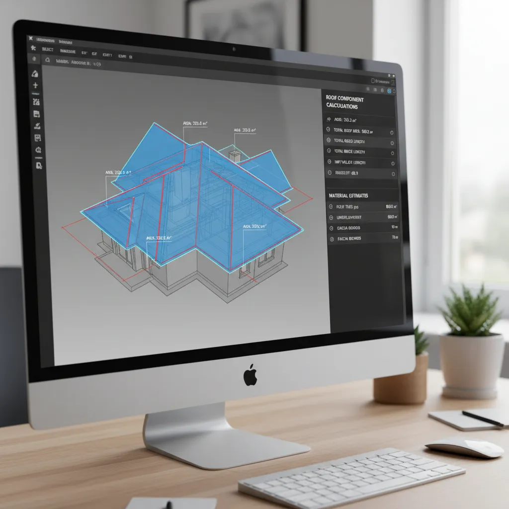 Software automatically calculating roof surface area and ridge lengths in a 3D model