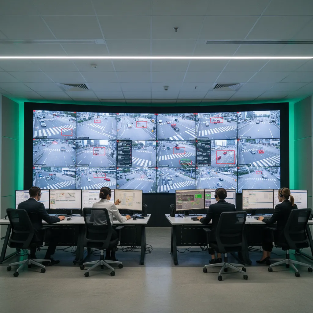 Traffic enforcement monitoring room reviewing red light camera footage