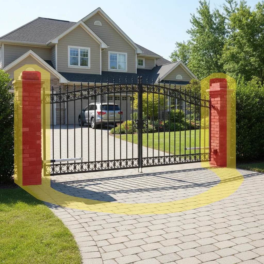 Automatic gate closing area showing potential pinch and crush zones