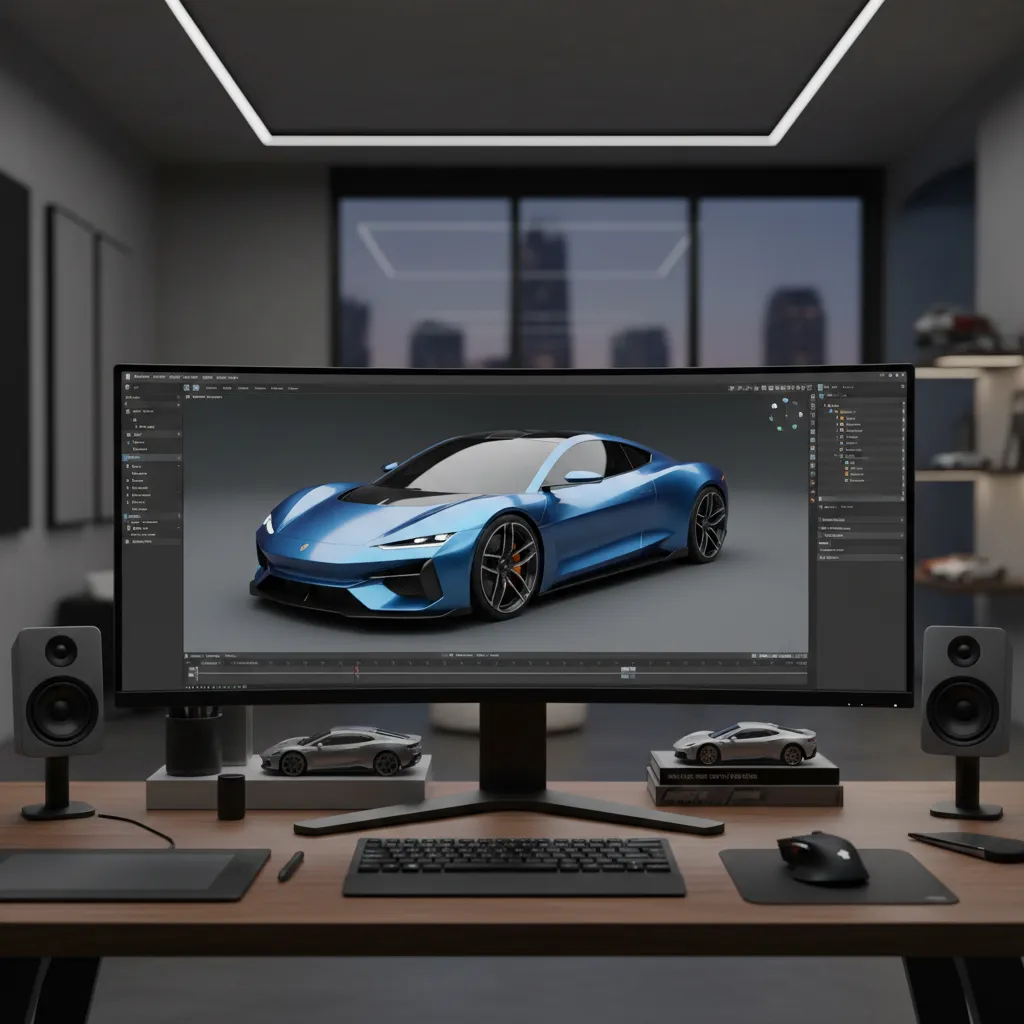 Professional designer reviewing a realistic 3D car model in a digital visualization studio