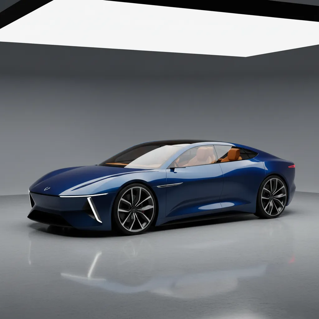 Blue modern sports car parked in a grey studio under a large bright white ceiling light