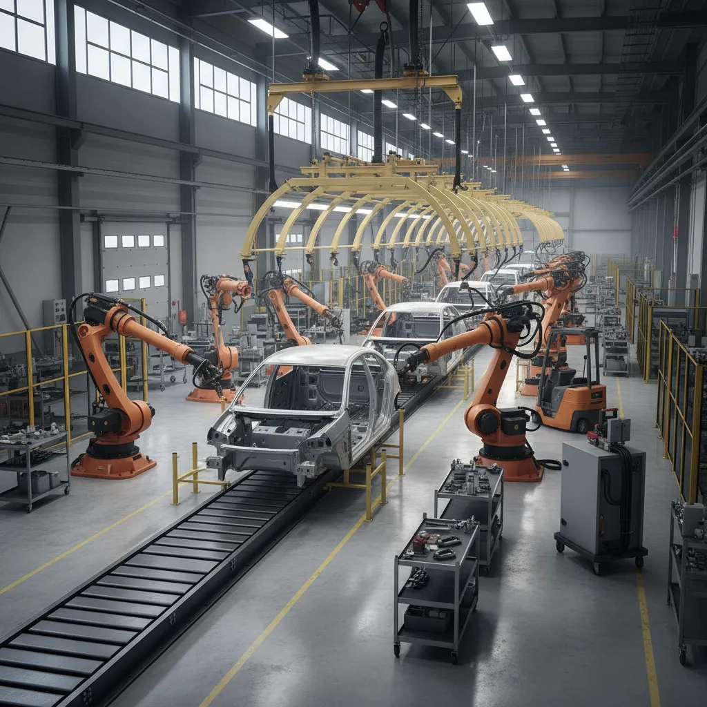 automotive factory assembly line layout with robotic welding stations