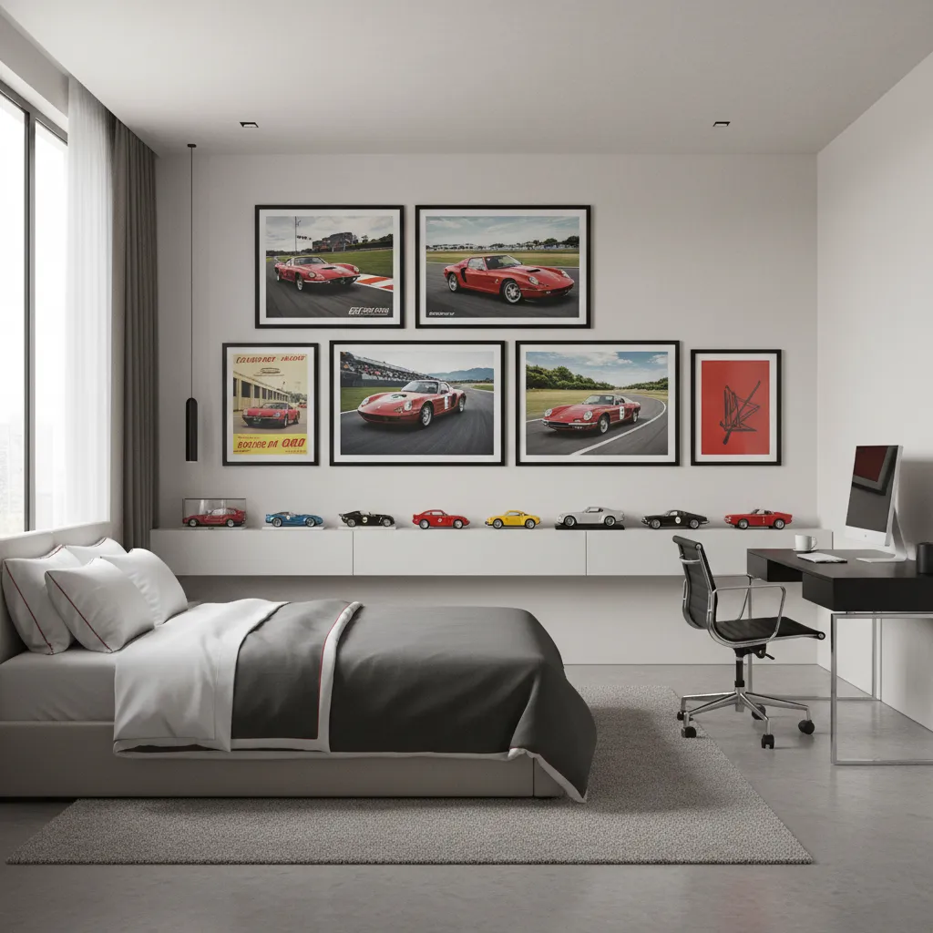 automotive themed bedroom with racing posters and model car shelf