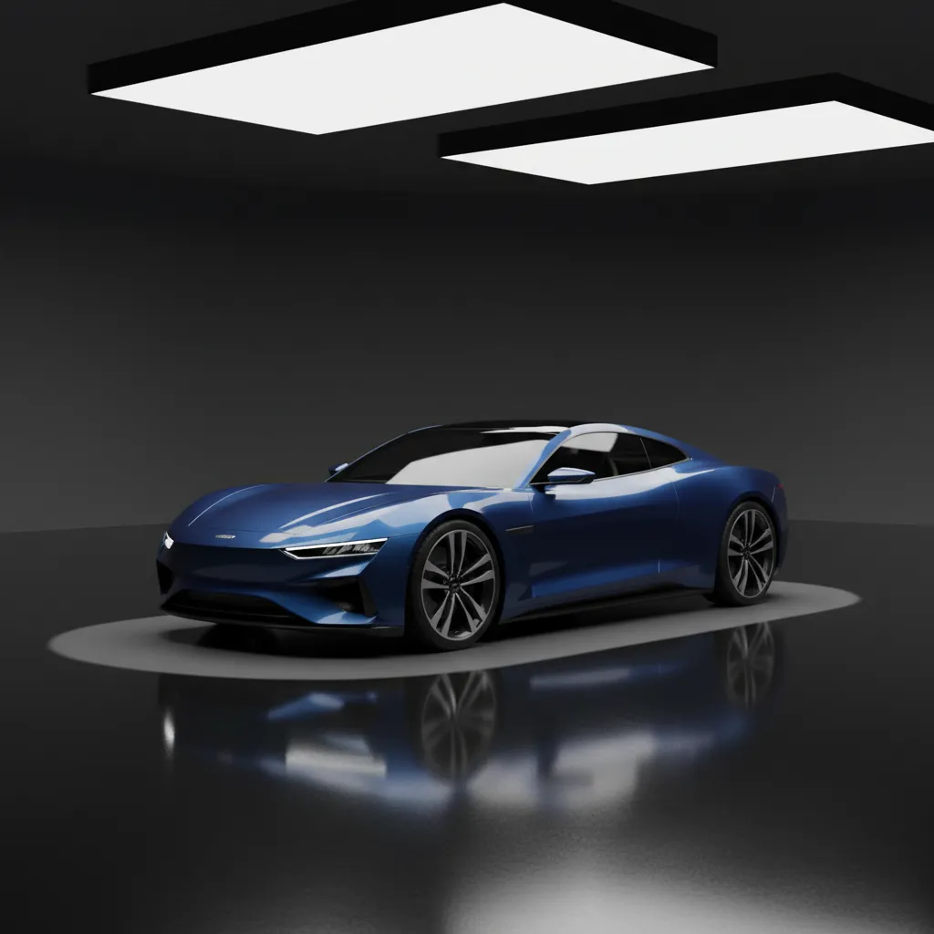 automotive CGI render showing car with layered ground shadow and reflections