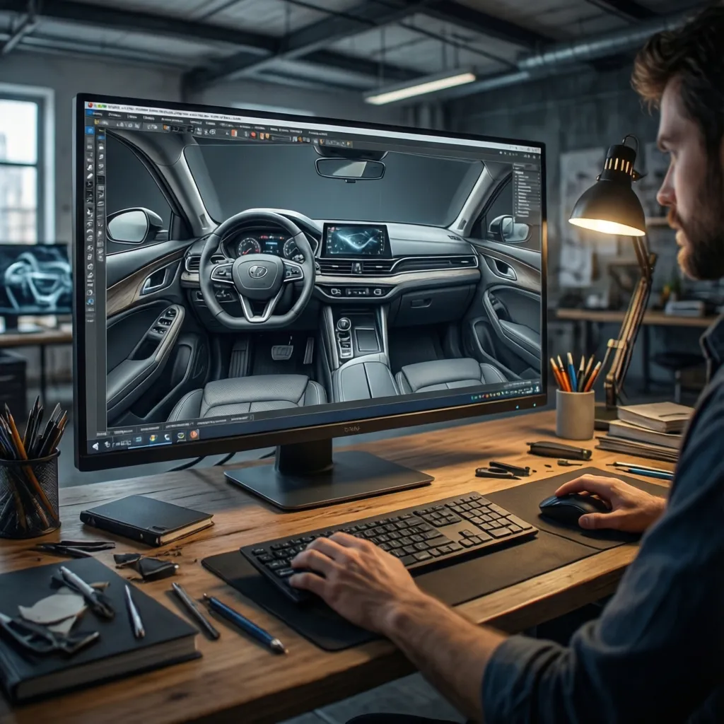 Diseñador trabajando en software de modelado de cabina de automóvil