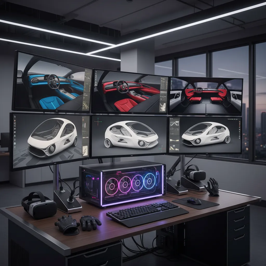Professional computer workstation showing car interior design on multiple monitors with glowing keyboard and headsets