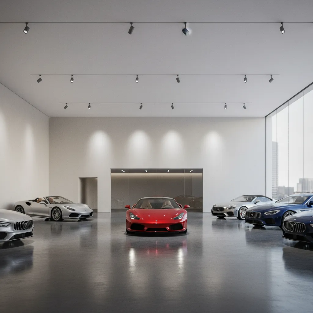 minimalist car showroom with spotlighted sports car display