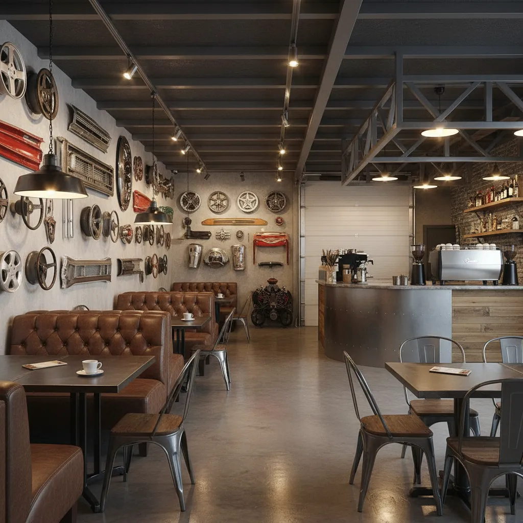 car themed cafe interior with garage decor and automotive elements