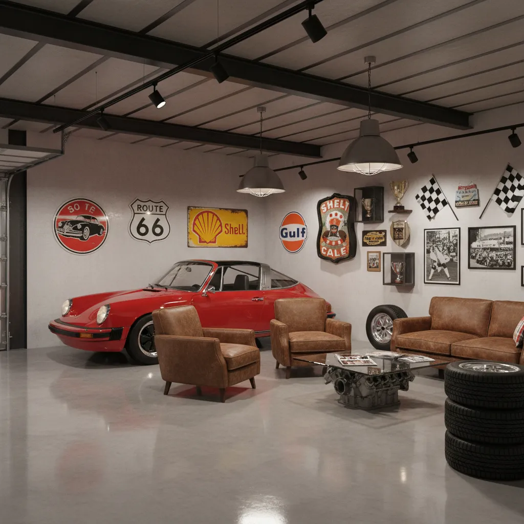 home garage lounge with automotive decor and vintage car elements